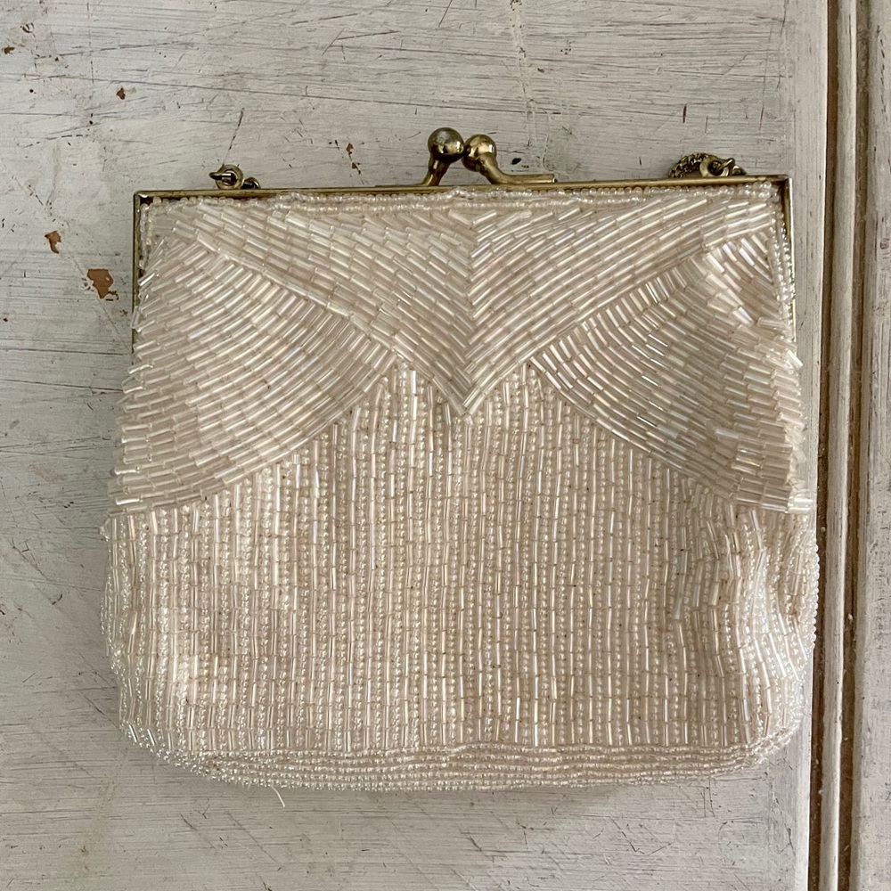 Vintage Cream Beaded Clutch Elegant Evening Bag - Picture 2 of 9